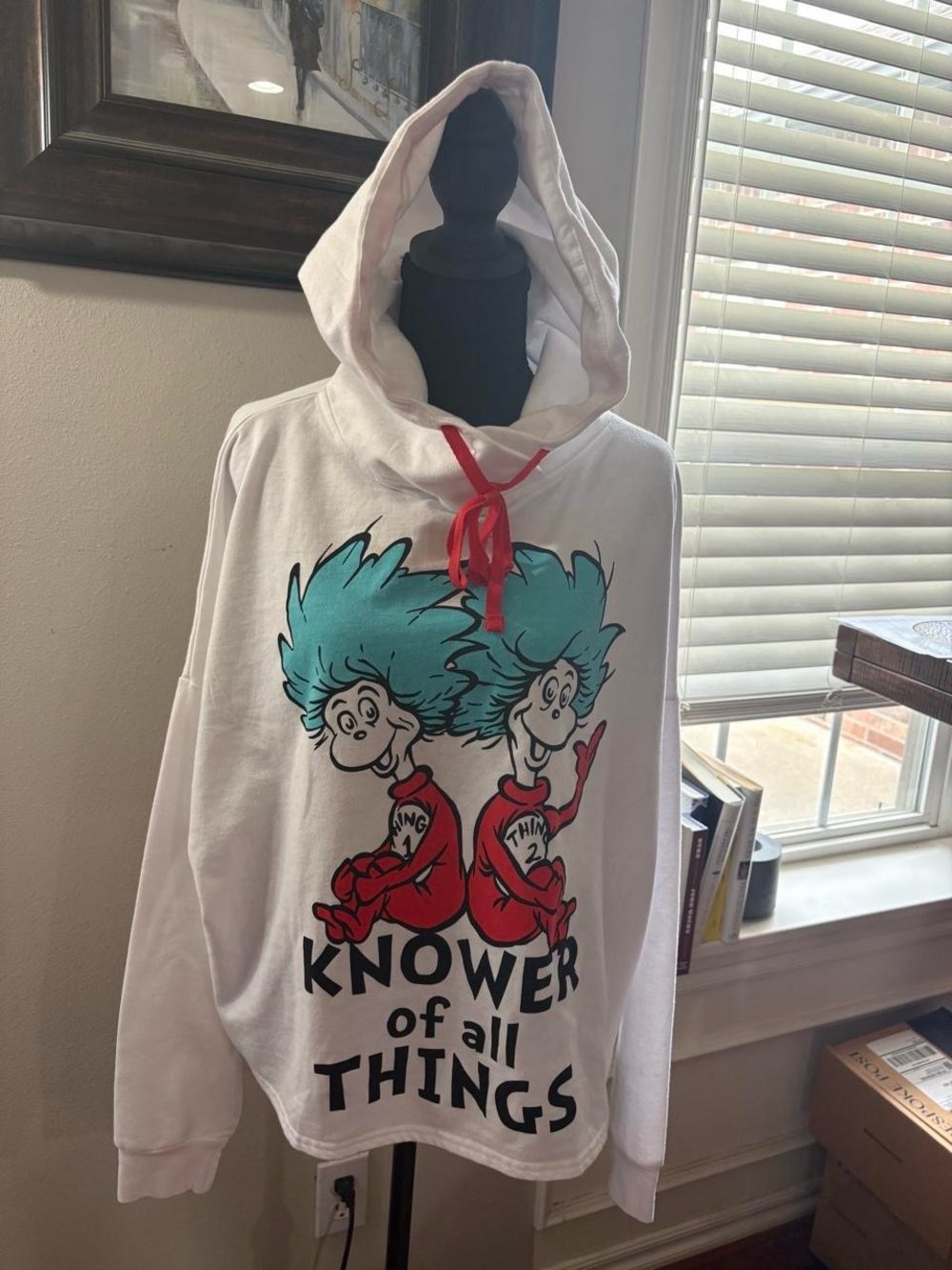 Dr. Seuss White Hoodie with Turquoise Hair and Red Accents